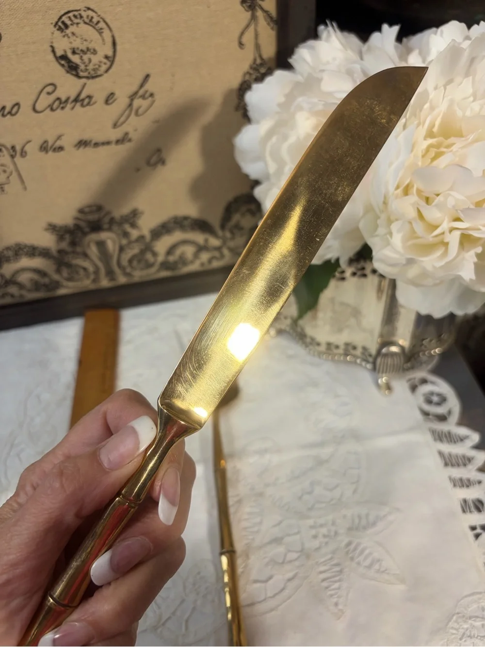 Gold brass bamboo knife & fork serving set
